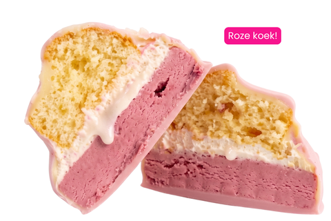 Special of the week: roze koek, doorgesneden, met cake, witte crème en roze vulling